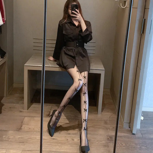 Black Bowknot Fishnet Stockings - Sexy Thin Design